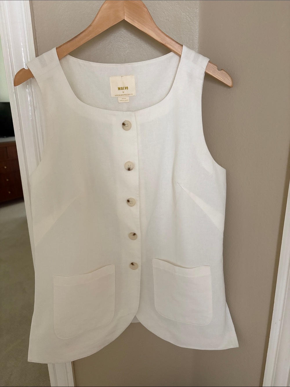 Maeve Cream Button-Front Sleeveless Vest- Elevate your look so easily!